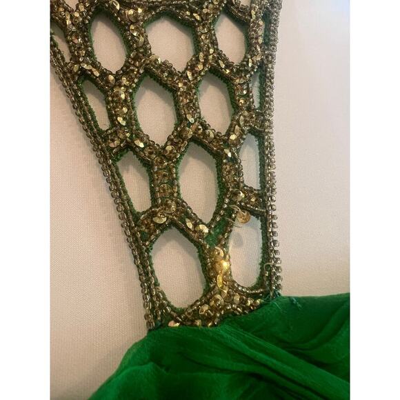 SCALA 100% SILK TOP SEQUINED BEADED NECK FLOOR LENGTH GREEN GOWN WOMENS SIZE 5 - Picture 5 of 15
